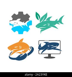 Shark Gear Leaf Hand Monitor logo design vector set template Stock Vector
