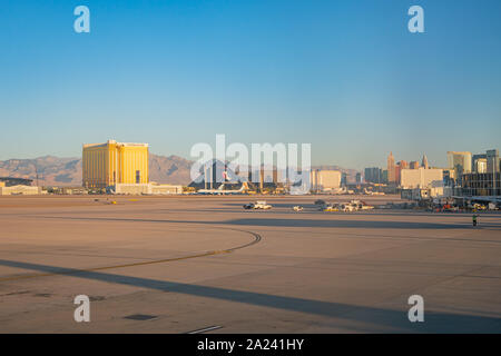 Las Vegas, AUG 25: View from an airplane of the McCarran International Airport on AUG 25, 2019 at Las Vegas, Nevada Stock Photo