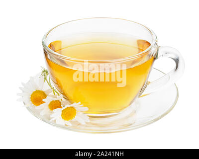 Glass cup of herbal tea with chamomile flowers isolated on white background with clipping path Stock Photo