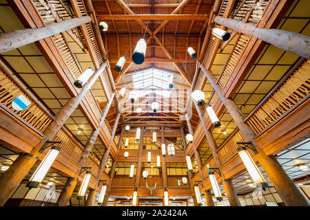 Montana, AUG 25: Interior view of the Many Glacier Hotel of the famous Glacier National Park on AUG 25, 2019 at Montana Stock Photo