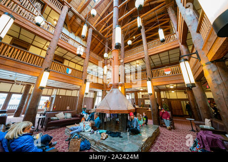 Montana, AUG 25: Interior view of the Many Glacier Hotel of the famous Glacier National Park on AUG 25, 2019 at Montana Stock Photo