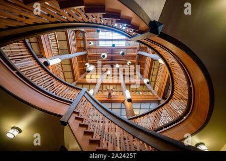 Montana, AUG 25: Interior view of the Many Glacier Hotel of the famous Glacier National Park on AUG 25, 2019 at Montana Stock Photo