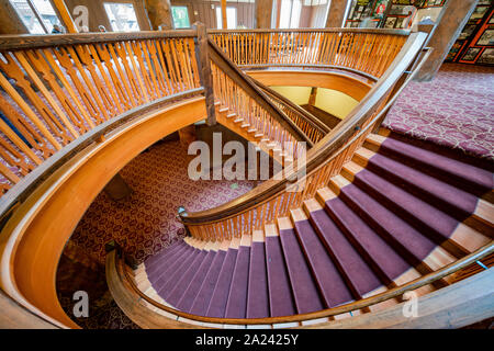 Montana, AUG 25: Interior view of the Many Glacier Hotel of the famous Glacier National Park on AUG 25, 2019 at Montana Stock Photo