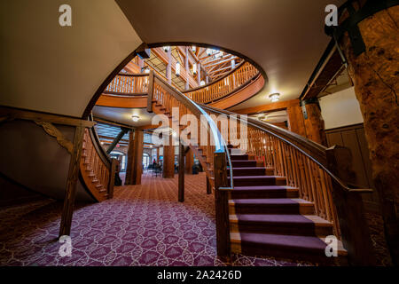 Montana, AUG 25: Interior view of the Many Glacier Hotel of the famous Glacier National Park on AUG 25, 2019 at Montana Stock Photo