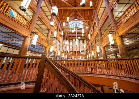 Montana, AUG 25: Interior view of the Many Glacier Hotel of the famous Glacier National Park on AUG 25, 2019 at Montana Stock Photo