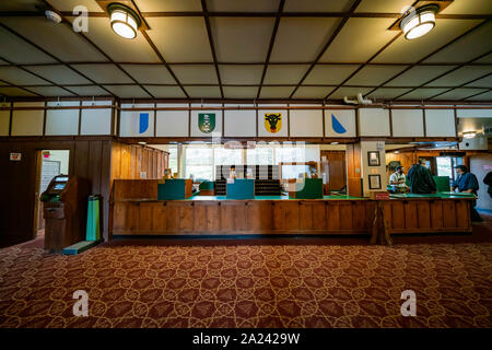 Montana, AUG 25: Interior view of the Many Glacier Hotel of the famous Glacier National Park on AUG 25, 2019 at Montana Stock Photo