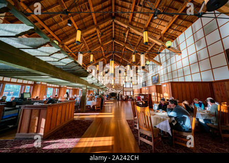 Montana, AUG 25: Interior view of the Many Glacier Hotel of the famous Glacier National Park on AUG 25, 2019 at Montana Stock Photo