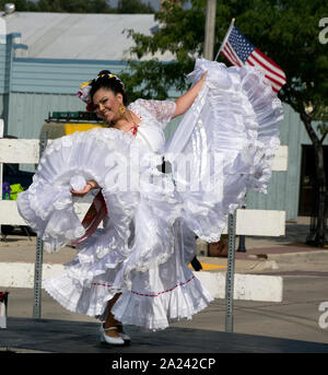 Dancer with Ballet Folklorico Nacional performing traditional Mexican dance at Two Rivers, Wisconsin Ethnic Fest. Stock Photo