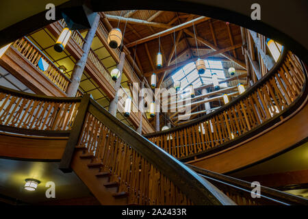 Montana, AUG 25: Interior view of the Many Glacier Hotel of the famous Glacier National Park on AUG 25, 2019 at Montana Stock Photo