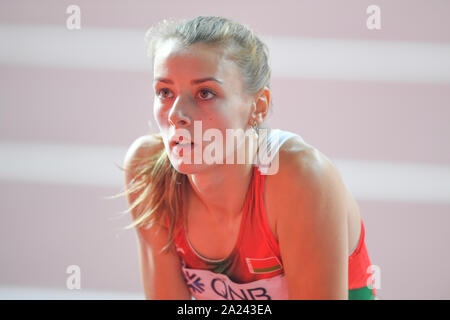 Karyna Demidik (Belarus). High Jump Women finals. IAAF World Athletics Championships, Doha 2019 Stock Photo