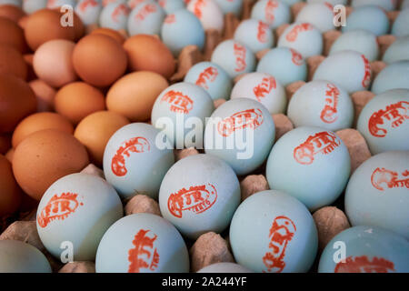 Blue and brown eggs for sale at the old, local, traditional market, Pasar Pabean. In the Arab Quarter section of Surabaya, Indonesia. Stock Photo