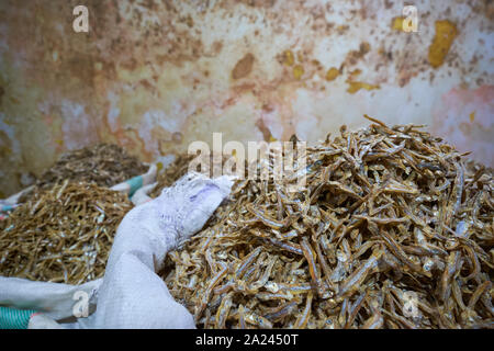 Sacks overflowing with small, dried fish for sale at the old, local, traditional market, Pasar Pabean. In the Arab Quarter section of Surabaya, Indone Stock Photo