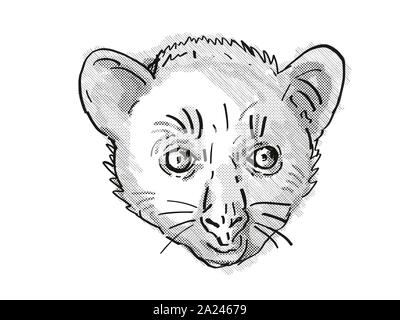 Retro cartoon style drawing of head of an Aye-Aye or Daubentonia madagascariensis , an endangered wildlife species on isolated white background done i Stock Photo