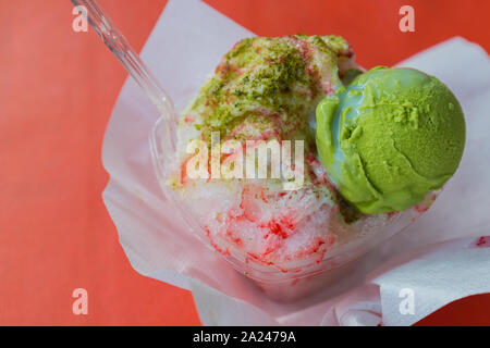 Japan ice cream with strawberry and green tea in restaurant at kyoto japan, Traditional dessert. Stock Photo