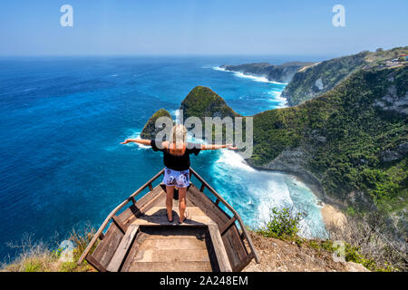 Aerial view of Manta Bay or Kelingking beach on Nusa Penida Island, Bali, Indonesia. Stock Photo