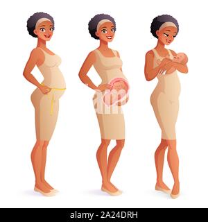 Pregnant woman measuring her belly, baby inside the womb, mother holding her newborn baby. Pregnancy before and after. Vector illustration. Stock Vector