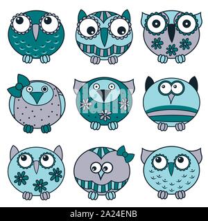 Set of nine funny cartoon owls placed in oval forms with various ...