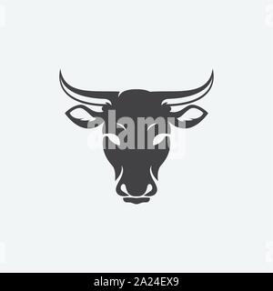 cow head logo design vector, cow emblem, long horned head illustration, farming logo Stock Vector