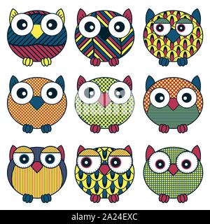 Set of nine cartoon cute and funny oval owls with various isolated on the white background, vector outlines as icons Stock Vector