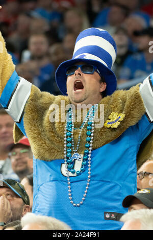 DETROIT, MI - SEPTEMBER 29: A Lions fan cheers on the team during the NFL game between Kansas City Chiefs and Detroit Lions on September 29, 2019 at Ford Field in Detroit, MI (Photo by Allan Dranberg/Cal Sport Media) Stock Photo