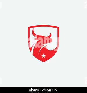 bull logo design vector, bull shield illustration, long horned icon, buffalo icon vector Stock Vector