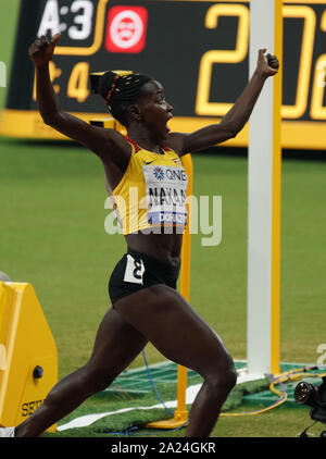 Doha, Qatar. 30th Sep, 2019. Halimah Nakaayi of Uganda celebrates after the women's 800m final at the 2019 IAAF World Championships in Doha, Qatar, Sept. 30, 2019. Credit: Xu Suhui/Xinhua/Alamy Live News Stock Photo