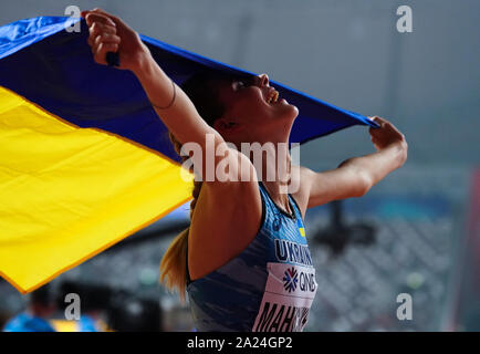 Doha, Qatar. 30th Sep, 2019. Silver medalist Yaroslava Mahuchikh of Ukraine celebrates after the women's high jump final at the 2019 IAAF World Athletics Championships in Doha, Qatar, Sept. 30, 2019. Credit: Wang Jingqiang/Xinhua/Alamy Live News Stock Photo