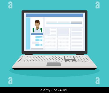 Work on a laptop. Social networks. Vector illustration. Stock Vector