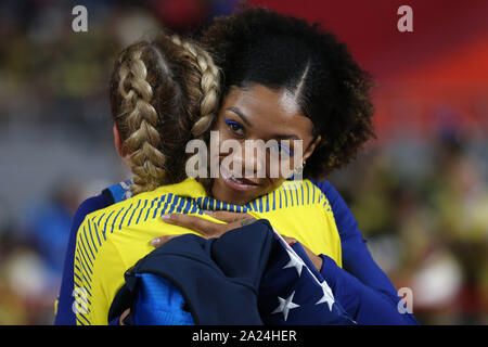 Doha, Qatar. 30th Sep, 2019. Yaroslava Mahuchikh (L) of Ukraine celebrates with Vashti Cunningham of the United States after the women's high jump final at the 2019 IAAF World Championships in Doha, Qatar, Sept. 30, 2019. Credit: Li Ming/Xinhua/Alamy Live News Stock Photo