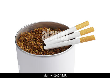 Tobacco in jar and cigarette isolated on white background Stock Photo