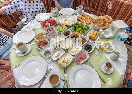 Authentic Turkish Breakfast Spread on Table Stock Photo