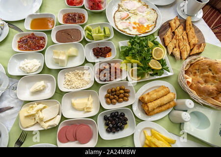 Authentic Turkish Breakfast Spread on Table Stock Photo