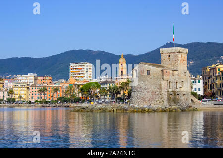 italian castles on sea italian flag - castle of Rapallo , Liguria Genoa Tigullio gulf near Portofino Italy . Stock Photo