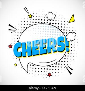 Comic Lettering Cheers In The Speech Bubbles Comic Style Flat Design. Dynamic Pop Art Vector Illustration Isolated On White Background. Exclamation Co Stock Vector