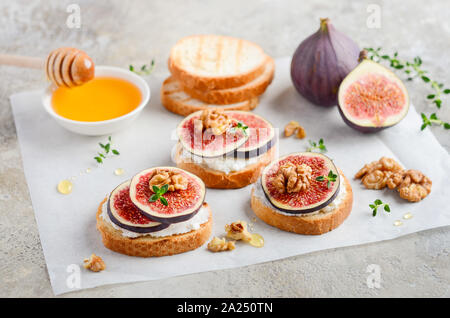 Bruschetta with fresh ricotta cheese, figs, nuts, thyme and honey on gray concrete background. Stock Photo