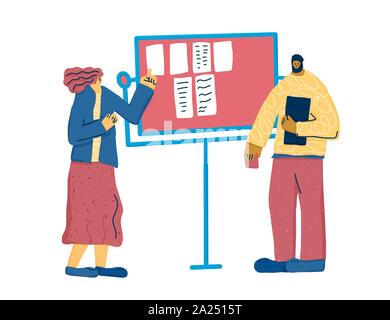 WOman and man characters standing at the board. Office teamwork lifestyle. Vector illustartion. Stock Vector