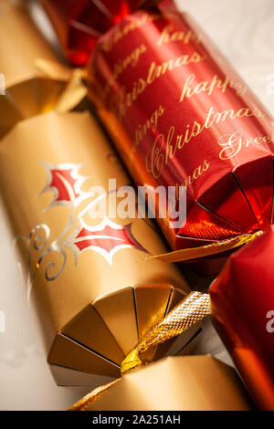Macro close up of red and gold Christmas crackers Stock Photo