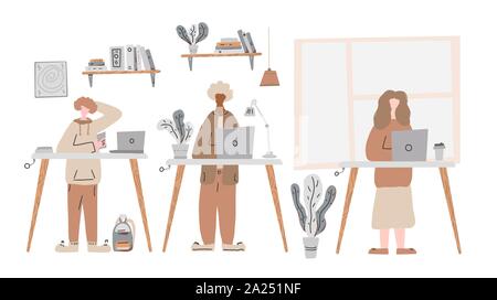 Coworkers office concept. People standing at the desk in comfy office. Employees coworking space. Vector  color illustration. Stock Vector
