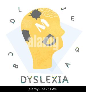 Dyslexia emblem. Human brain with symbols. Vector sign with stylized letters. Stock Vector