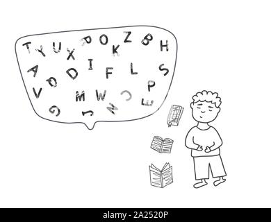 Dyslexia concept. Boy with books and letters. Vector illustartion in doodle style. Stock Vector