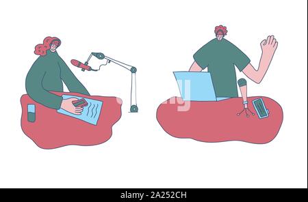 Interview concept. Young man interviewing a guest in a studio for a podcast. Two podcasters. Vector flat illustration. Stock Vector