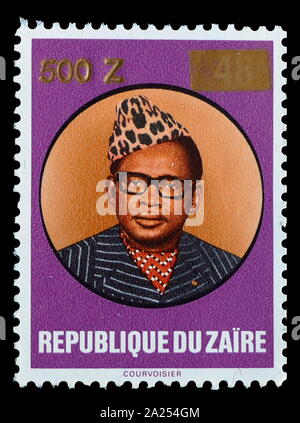 Postage stamp depicting Mobutu Sese Seko,  (born Joseph-Désiré Mobutu; 1930 - 1997). Military dictator and President of the Democratic Republic of the Congo (which Mobutu renamed Zaire in 1971) from 1965 to 1997 Stock Photo