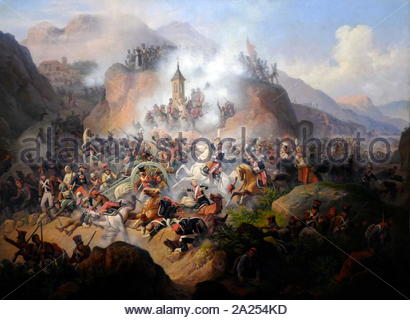 The Battle of Somosierra, by January Suchodolski (1797-1875), painter. The Battle occurred November 30, 1808, in the Peninsular War, when a French army under Napoleon I forced a passage through the Sierra de Guadarrama, shielding Madrid Stock Photo