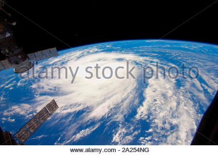 Katia was a tropical storm gathering energy over the Atlantic Ocean when one of the Expedition 28 crew took this photo on Aug. 31, 2011, Viewed from the International Space Station. Later Katia was upgraded to hurricane status. Two Russian spacecraft - a Progress and a Soyuz -can be seen parked at the orbital outpost on the left side of the frame. Stock Photo