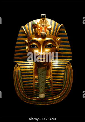 Replica of Tutankhamen's funerary mask. The death mask of the 18th-dynasty Ancient Egyptian Pharaoh Tutankhamen (reigned 1332-1323 BC). It was discovered by Howard Carter in 1925 in tomb KV62 and is now housed in the Egyptian Museum in Cairo Stock Photo