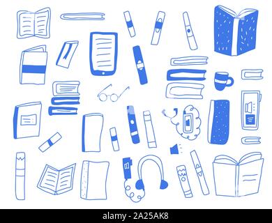 Books set in doodle style. Symbols of reading isolated on white background. Vector illustration. Stock Vector
