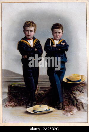 French postcard depicting two boys in naval uniform circa 1905. Stock Photo