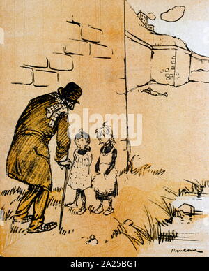 French satirical Illustration, depicting a man encountering two girls on a walk outside his town walls. 1907 Stock Photo