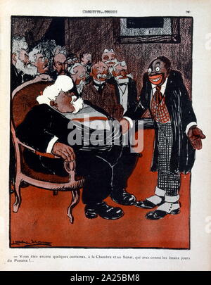 French satirical Illustration, against electing Black members to the French Chamber of deputies. Blaise Diagne (13 October 1872 – 11 May 1934) was a Senegalese-French political leader and mayor of Dakar. He was the first black African elected to the French Chamber of Deputies, and in 1914 became the first to hold a position in the French government. Stock Photo