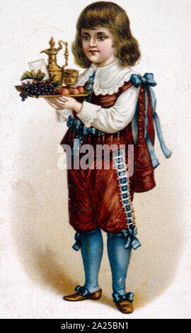 French illustration of a young servant boy some wine and grapes, 19th century Stock Photo